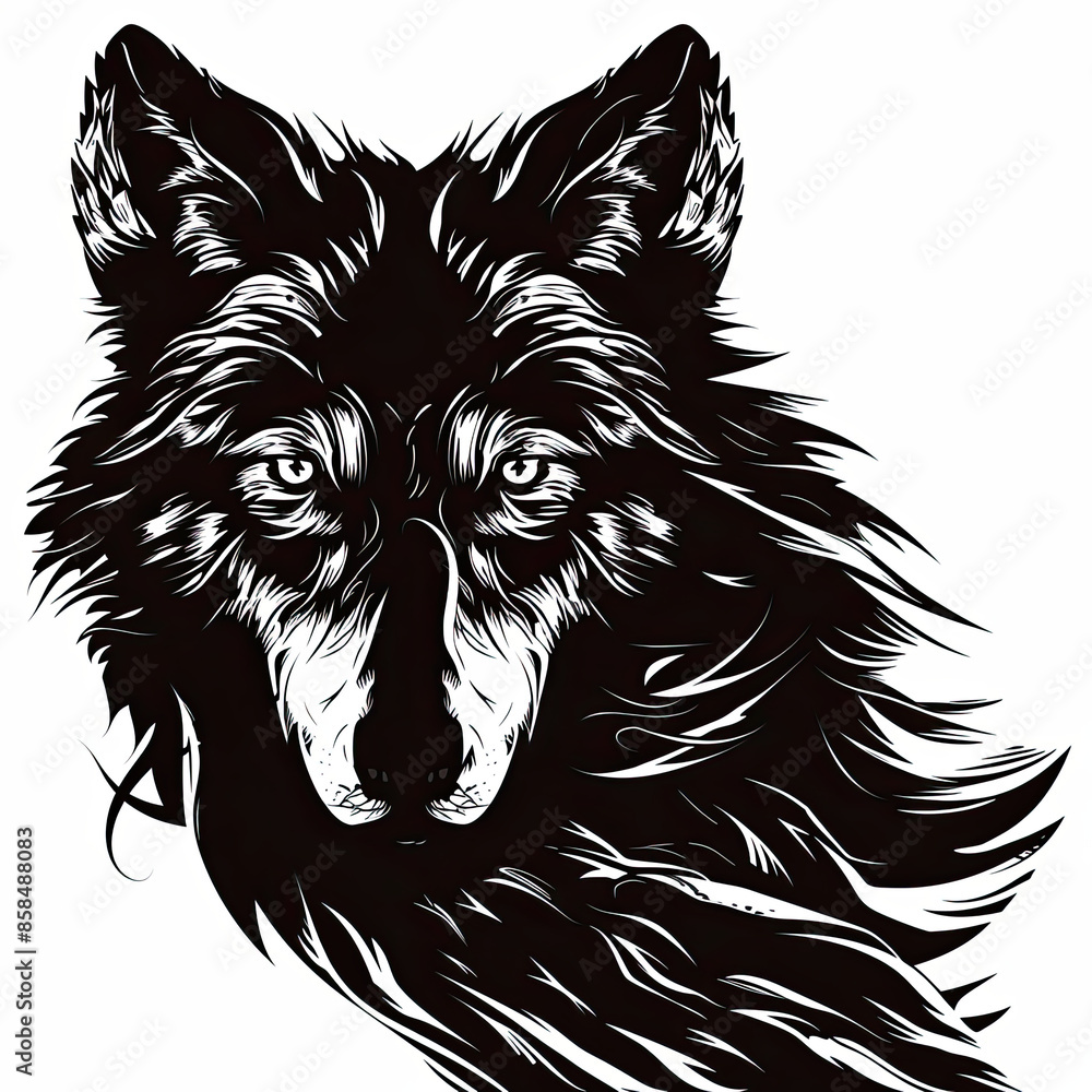 Fototapeta premium A black and white drawing of a wolf 's face
