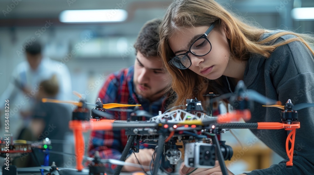 Young engineers working on drone development project, a woman and a man are focused on assembling and testing quadcopter in a workshop. Young engineers working on drone development project, a woman and a man are focused on assembling and testing quadcopter in a workshop.