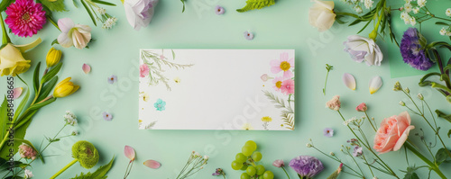 Mockup card birthday background with a floral garden theme, featuring blooming flowers in vibrant colors, a white card with delicate floral illustrations, and a light green background, creating a photo