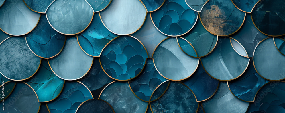 Fototapeta premium Modern geometric background in shades of teal, navy, and gold. The design features intricate patterns and sleek, metallic textures, creating a luxurious and contemporary feel