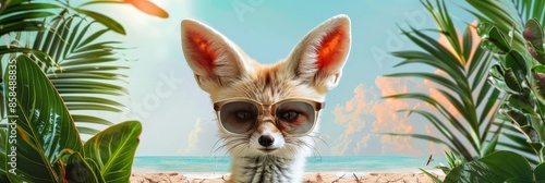 Cute and Playful Fennec Fox Wearing Sunglasses Surrounded by Tropical Beach Backdrop with Copy Space for Summer Wallpaper or Design photo