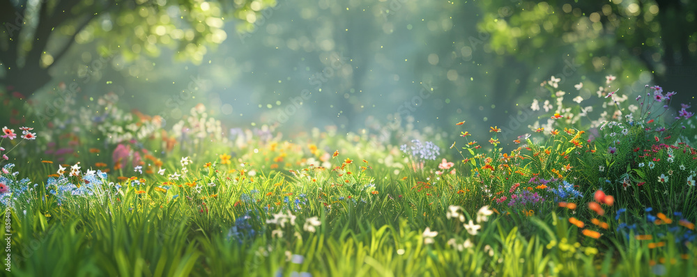 Peaceful meadow background with colorful wildflowers, lush green grass, and textured foliage. The serene, natural scene creates a calming, picturesque atmosphere, perfect for nature themes Peaceful meadow background with colorful wildflowers, lush green grass, and textured foliage. The serene, natural scene creates a calming, picturesque atmosphere, perfect for nature themes