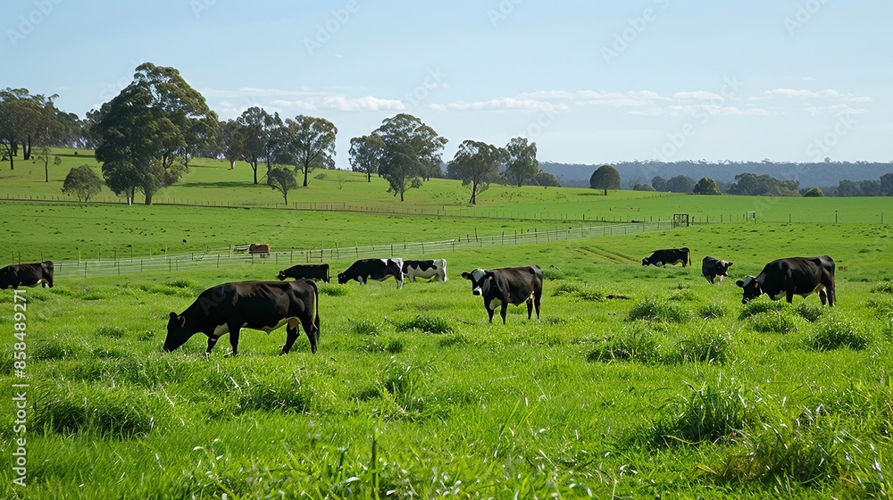 Cows happily munch on grass in open fields in Australia. They roam freely, helping the farm grow crops in a way that's good for the environment. Cows happily munch on grass in open fields in Australia. They roam freely, helping the farm grow crops in a way that's good for the environment.