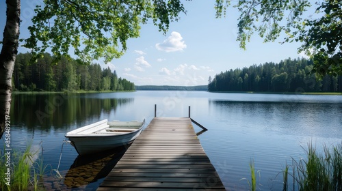 A boat is docked at a pier next to a lake. The water is calm and the sky is clear