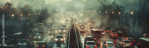 digital artwork depicting a busy highway choked with smog and heavy traffic,showcasing the urban environmental issues of pollution and congestion in a cool-toned,atmospheric landscape. photo