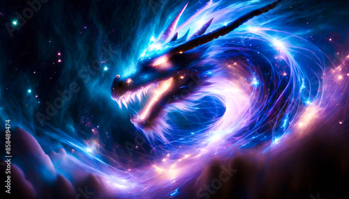 Ice and Electric fractal neon dragon drifting in smoke. Epic fractal psychedelic powerful dragon	
