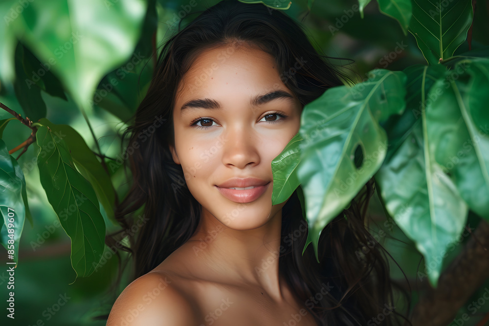 A high-resolution photo of a woman with clear, radiant skin standing in front of a lush backdrop of green leaves. The woman is smiling softly, with natural makeup enhancing her flawless complexion. A high-resolution photo of a woman with clear, radiant skin standing in front of a lush backdrop of green leaves. The woman is smiling softly, with natural makeup enhancing her flawless complexion.