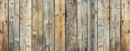 Rustic wooden fence background with weathered planks, natural knots, and textured grain patterns. The authentic, cozy feel adds warmth and character, ideal for vintage or countryside themes © AI_images