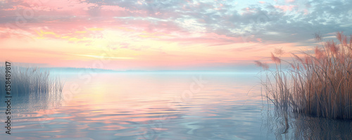 Serene lakeside sunset background with calm water, textured reeds, and soft pastel colors in the sky. The peaceful, picturesque scene creates a relaxing, tranquil atmosphere, perfect for nature themes