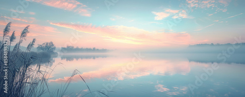 Serene lakeside sunset background with calm water, textured reeds, and soft pastel colors in the sky. The peaceful, picturesque scene creates a relaxing, tranquil atmosphere, perfect for nature themes