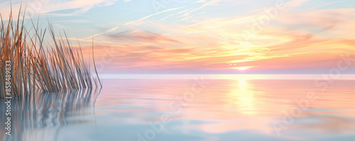 Serene lakeside sunset background with calm water, textured reeds, and soft pastel colors in the sky. The peaceful, picturesque scene creates a relaxing, tranquil atmosphere, perfect for nature themes