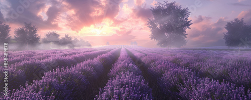 Serene lavender field background with rows of blooming lavender, soft purple hues, and a textured, pastoral landscape. The calming, aromatic scene creates a peaceful, relaxing atmosphere, ideal for