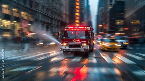 Fire truck with emergency lights rushes through the busy streets of Manhattan, New York City.