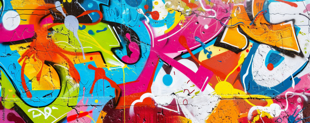 Naklejka premium Vibrant graffiti wall background with bold colors, dynamic patterns, and textured spray paint. The urban, artistic scene captures the energy and creativity of street art, ideal for edgy themes
