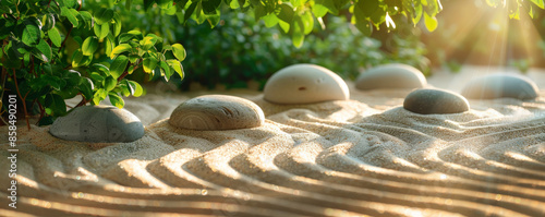 Tranquil zen garden background with smooth stones, raked sand patterns, and lush greenery. The serene, harmonious textures evoke a sense of peace and balance, perfect for wellness or meditation themes