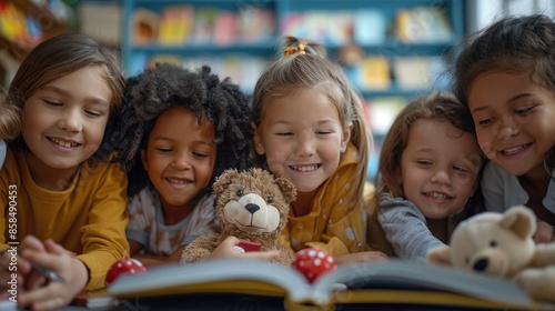Smiling children reading together in a library, holding teddy bears, and enjoying a fun story time session with friends and books.