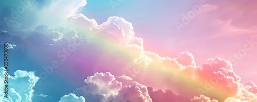 Wallpaper Mural Whimsical rainbow background with soft pastel colors, fluffy clouds, and a smooth, dreamy texture. The cheerful, magical scene creates a sense of joy and imagination, ideal for playful or fantasy Torontodigital.ca