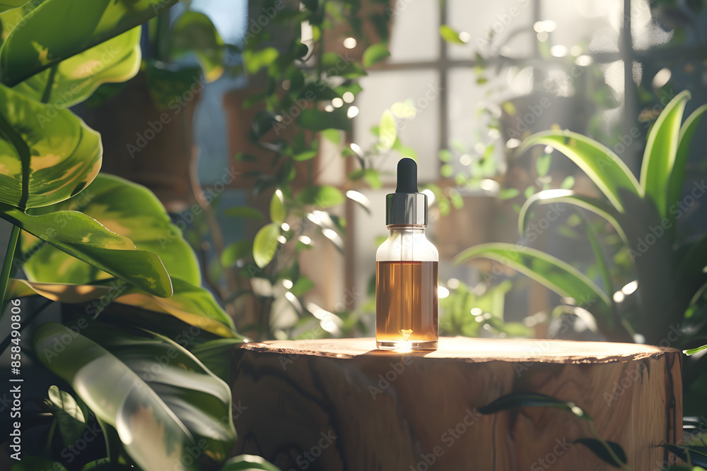 Φωτογραφία A detailed photo of a glass dropper bottle of serum positioned on a wooden podiu
