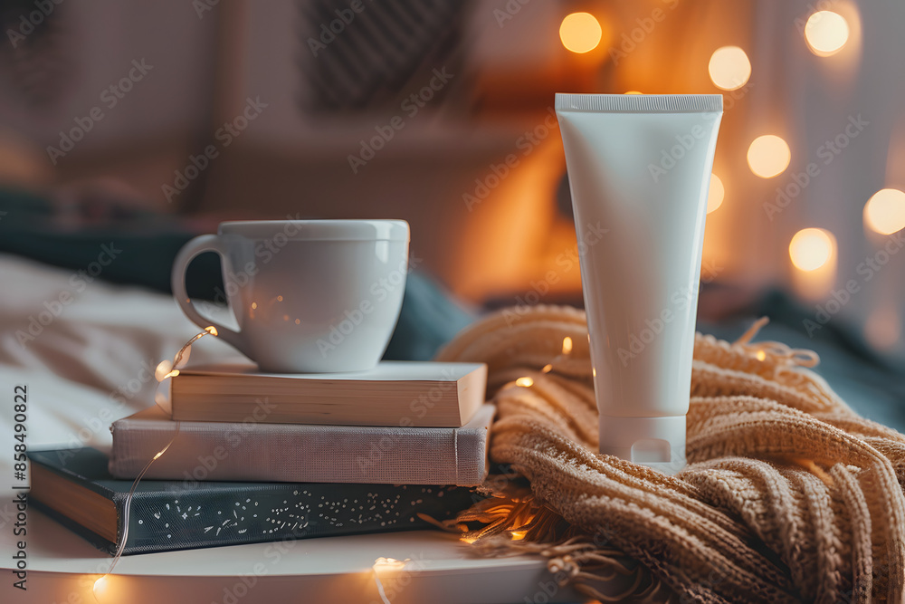 Φωτογραφία A detailed photo of a hand cream tube placed on a bedside table with a cozy bedr