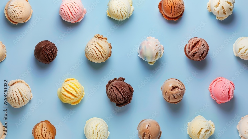 Scoops of various ice cream flavors arranged on blue background. National Ice Cream Day Scoops of various ice cream flavors arranged on blue background. National Ice Cream Day