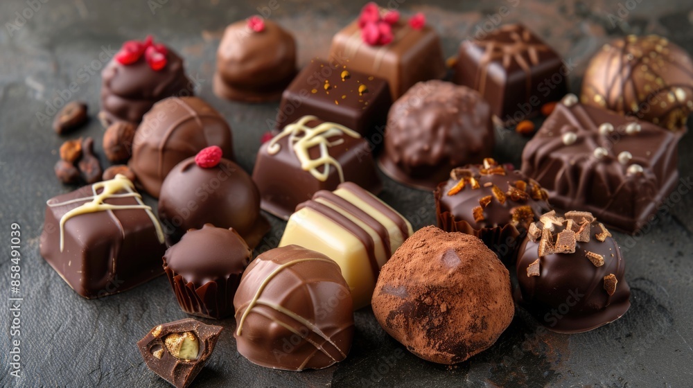 Assorted chocolate truffles and pralines with different toppings . World Chocolate Day Assorted chocolate truffles and pralines with different toppings . World Chocolate Day
