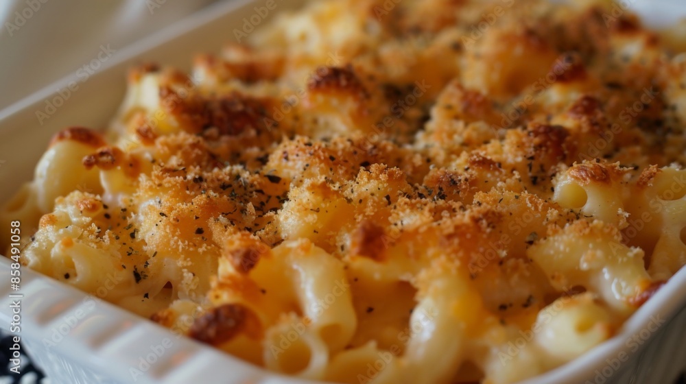 Golden Macaroni and Cheese Casserole on Wooden Table Golden Macaroni and Cheese Casserole on Wooden Table
