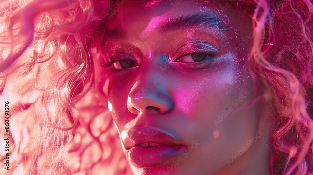 Fototapeta premium Close-up of woman's face with pink makeup and curly hair.