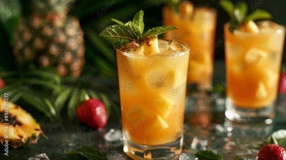 Glass of pineapple cocktail with garnishes on green leaves. Pineapple Strawberry Mimosa Glass of pineapple cocktail with garnishes on green leaves. Pineapple Strawberry Mimosa