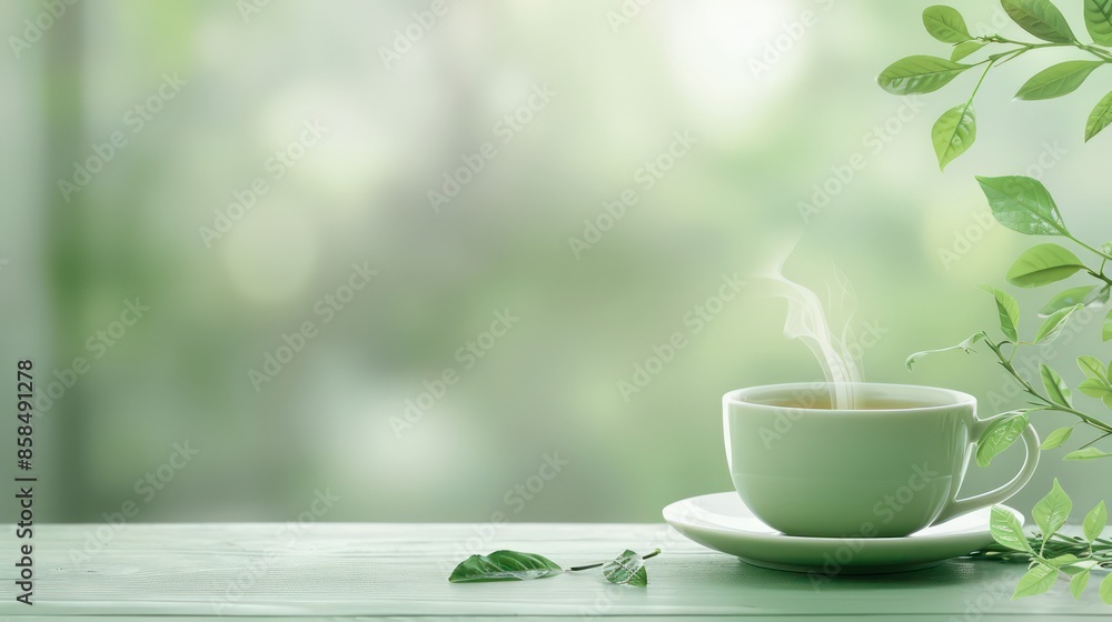 A white cup of tea sits on a wooden table with a leafy green background. The steam rising from the cup creates a sense of warmth and comfort A white cup of tea sits on a wooden table with a leafy green background. The steam rising from the cup creates a sense of warmth and comfort
