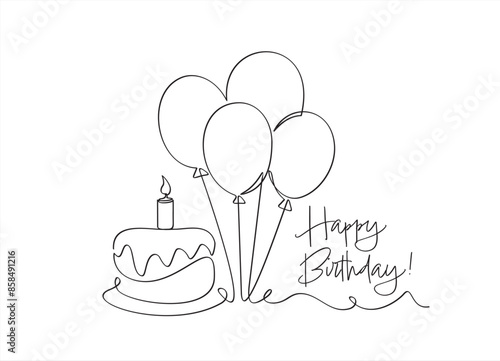 Birthday cake in continuous line art drawing style. Traditional birthday cake with candle on the top minimalist black linear sketch isolated on white background. Vector illustration