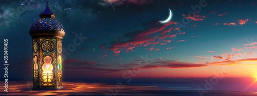 Ramadan Kareem - Moon And Arabian Lantern With Blue Sky At Night With Abstract Defocused Lights - Eid Ul Fitr. AI generated illustration