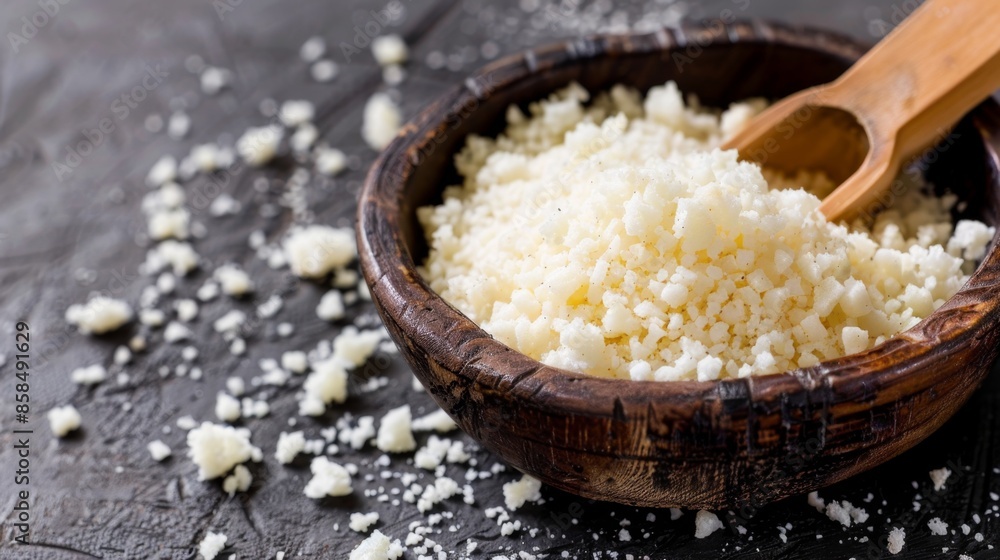 Shredded cheese in a wooden bowl with a wooden spoon on a dark background. Shredded cheese in a wooden bowl with a wooden spoon on a dark background.