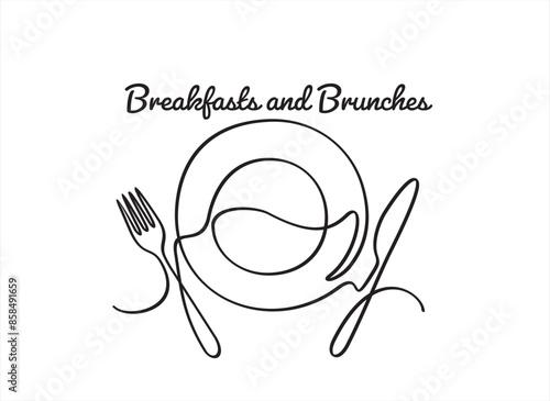 Continuous one line art or One Line Drawing of plate, knife and fork. Restaurant concept hand draw line art design vector illustration for cafe, shop or food delivery service