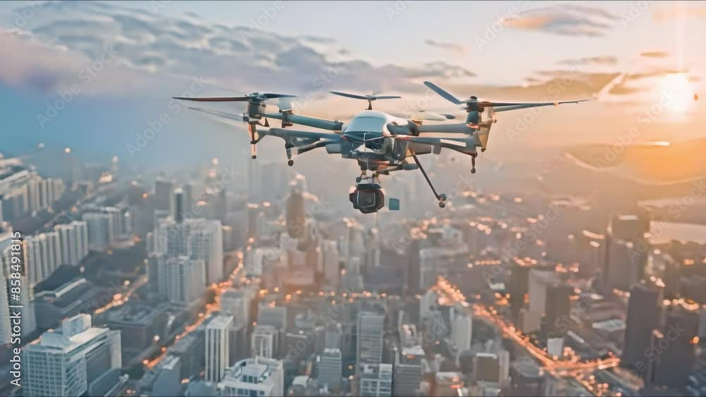 A drone flies over a smart city illustrating urban technology. Concept Drone Technology, Smart City Development, Urban Innovation, Technology Advancements, Aerial Surveillance A drone flies over a smart city illustrating urban technology. Concept Drone Technology, Smart City Development, Urban Innovation, Technology Advancements, Aerial Surveillance