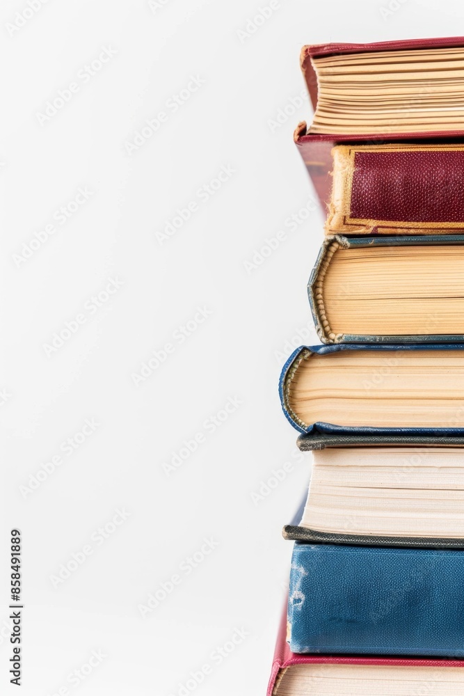 Book Lovers Day. Stack of old books with worn covers against white background Book Lovers Day. Stack of old books with worn covers against white background