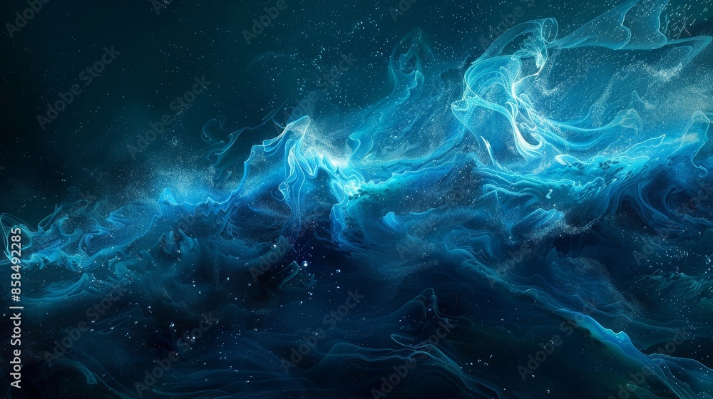 Fototapeta premium Oceanic colors and glowing particles in bio-luminescent abstract. Amazing wallpaper