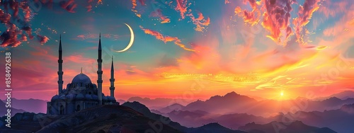 Islamic Background,Dome Mosques,Crescent Moon,Starry on Dark Blue Sky Background,Vetor symbol islamic religion with twilight sky,Banner Eid al Adha,Eid al fitr,Mubarak. AI generated illustration photo