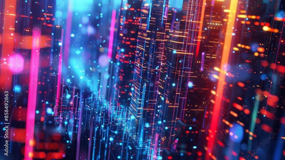 Fototapeta premium Neon cityscape wallpaper with glowing colors angular patterns and particles. Amazing wallpaper