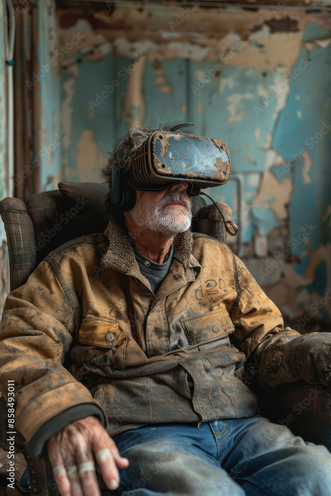 Fototapeta premium Elderly Man in VR Glasses in Old Apartment