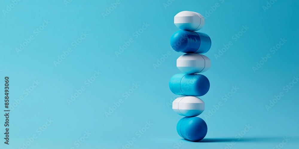 Balanced Blue and White Antibiotic Capsules on Blue Balanced Blue and White Antibiotic Capsules on Blue