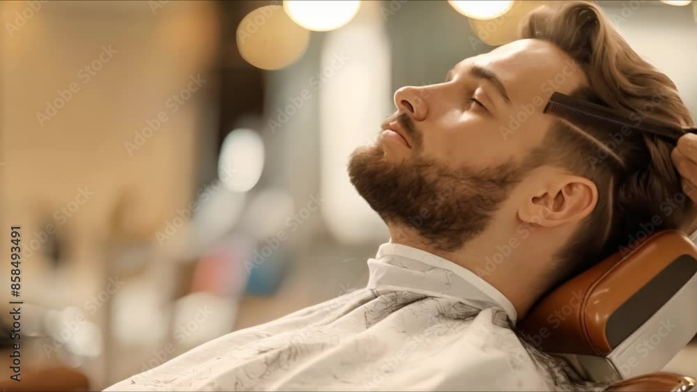 Man getting a haircut at a barbershop. Concept Barbershop experience, Haircut transformation, Grooming session, Stylish hair trends, Relaxing pampering Man getting a haircut at a barbershop. Concept Barbershop experience, Haircut transformation, Grooming session, Stylish hair trends, Relaxing pampering