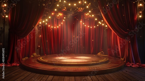 Join the circus adventure! Step into a magical tent with a round stage. Red curtains part to reveal a spotlight-bathed podium, ready for a dazzling show.