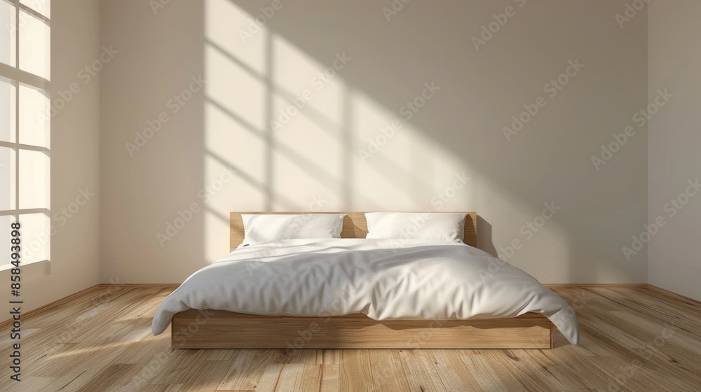 A neatly made bed with white sheets and pillows, located on a wooden floor against a white wall. A neatly made bed with white sheets and pillows, located on a wooden floor against a white wall.
