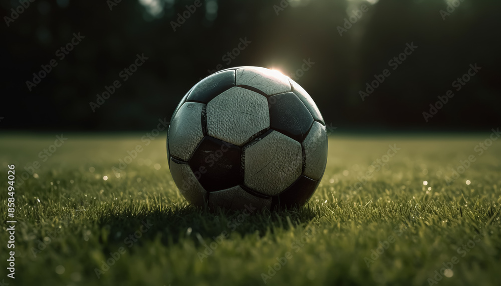 Fototapeta premium A soccer ball is sitting on a field of grass. The ball is surrounded by a field of green grass and the sky is blue