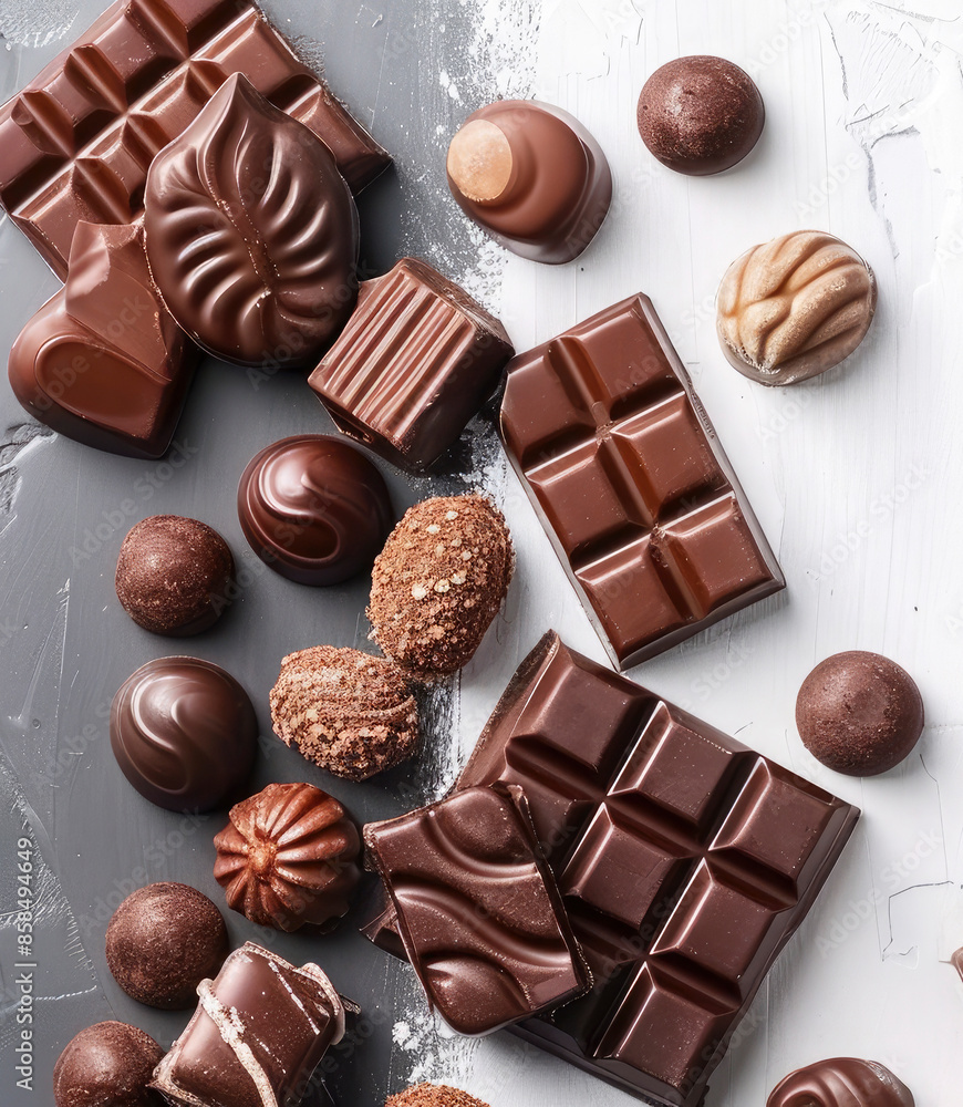 Advertising banner with chocolate.Chocolate flat lay.Top view, Copy space, Mock up. Advertising banner with chocolate.Chocolate flat lay.Top view, Copy space, Mock up.