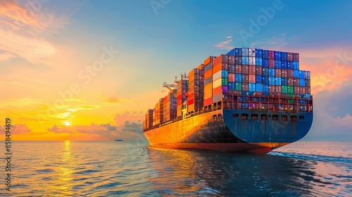 Massive container ship sails across the ocean at sunset with a clear blue sky. This is a global trade shipping vessel carrying goods for import and export across the world.