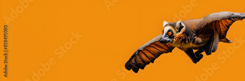 Sunda flying lemur web banner. Sunda flying lemur isolated on orange background with copy space. photo