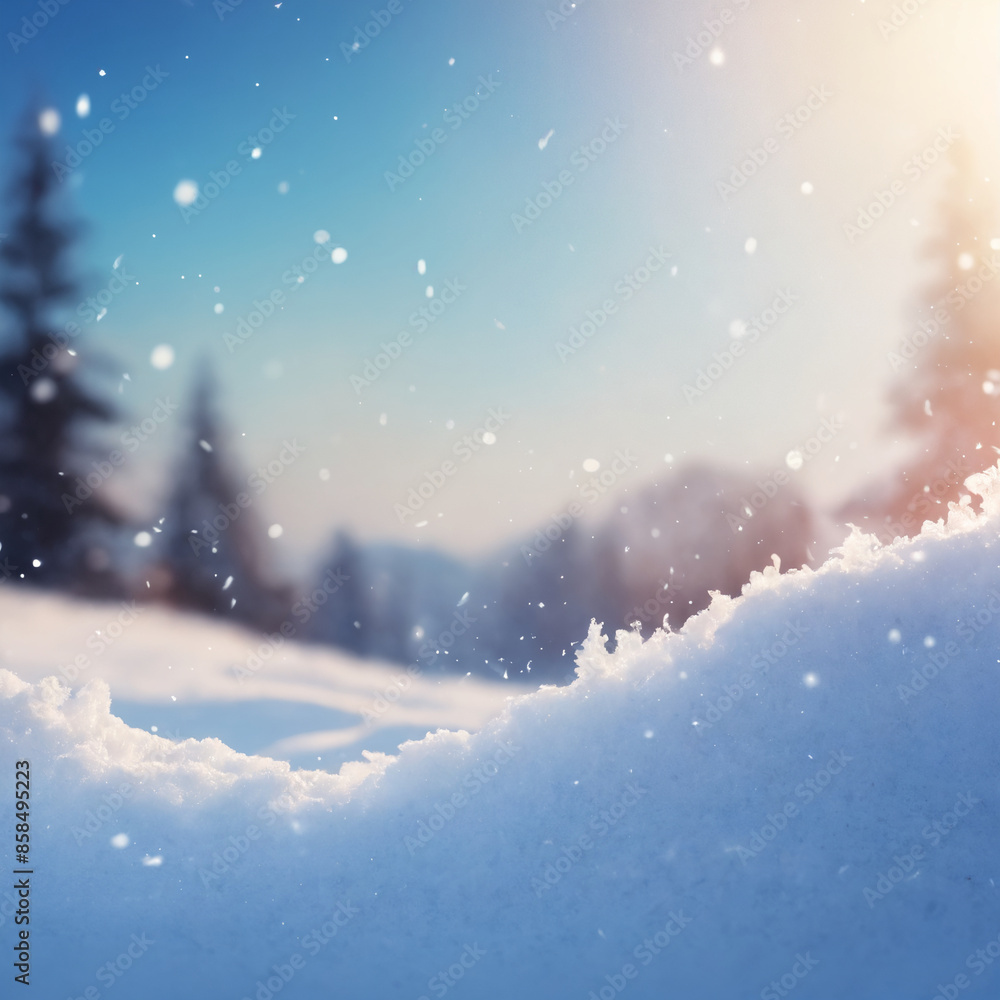 Snow-covered landscape with defocused trees under sunny winter sky Snow-covered landscape with defocused trees under sunny winter sky