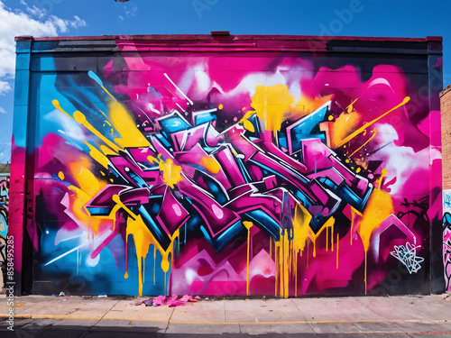 Colorful graffiti mural on brick wall in urban setting photo