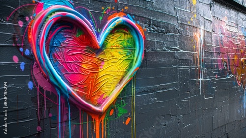 Vibrant heart graffiti on dark wall. Bold colors blend. Modern urban street art. Textured heart shape. Close-up of creative mural painting.